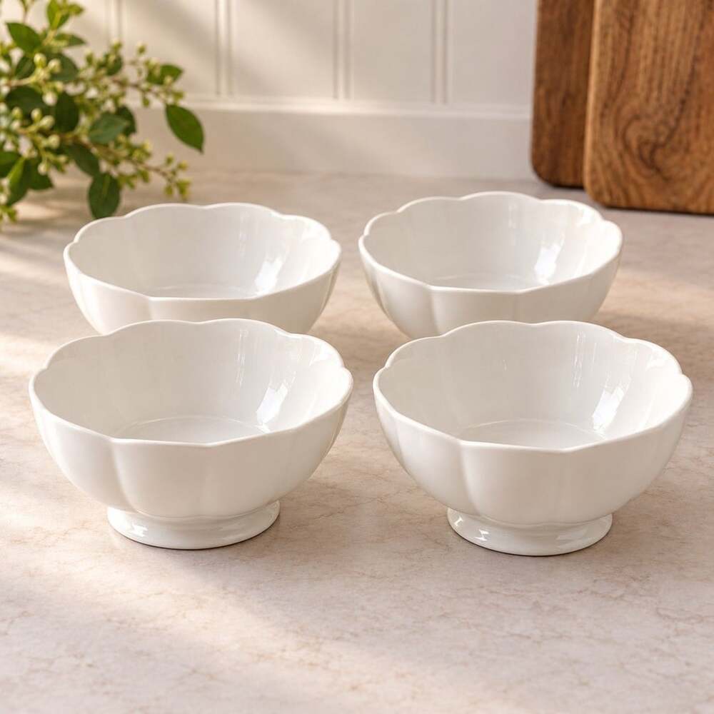 BLOCK Windsor Bone Coupe Cereal Bowls Set of 4 White Scalloped Thailand